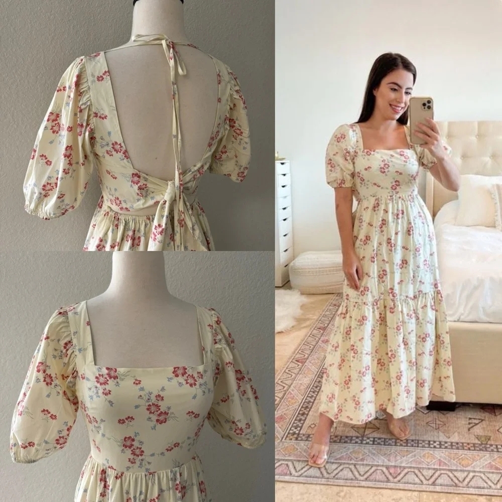 WAYF Whisper Cottage-Core Square Neck Back Tie Ivory Floral Print‎ Ivory Sz S